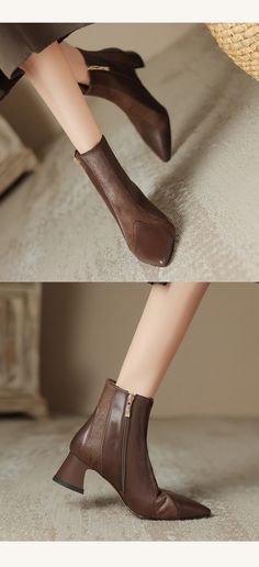 CHIKO Delilah Pointy Toe Block Heels Ankle Boots Office Heeled Boots With Contrasting Heel And Round Toe, Office Heeled Boots With Contrasting Heel Counter, Brown Low Heel Boots For Office, Brown Low Heel Office Boots, Leather Heeled Boots With Wooden Heel For Fall, Fall High Heel Boots With Wooden Heel, Brown Pointed Toe Boots With Contrasting Heel, Leather Heeled Boots With Low Heel And Padded Ankle, Brown Heeled Boots With Rubber Heel Cap For Fall