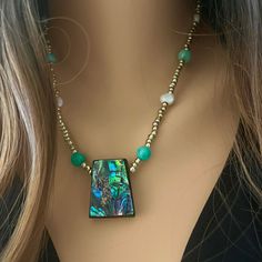 Womans Boho Necklace Handmade Abalone Jewelry Great Birthday Gift Idea Gift Boxed Made in Newport, RI Abalone Jewelry, Beachy Wedding, Beautiful Gemstones, Beachy Boho, Protection Amulet, Newport Ri, Idea Gift, Silver Bow, Silver Glass