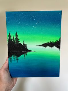 Canvas painting of Blue & Green Northern Lights over a calm Lake with Silhouetted Mountains Northern Lights Acrylic Painting Easy, Lukis Simple, River Painting Easy, Lake Painting Easy, Easy Landscape Painting For Beginners, River Acrylic Painting, Acrylic Painting On Black Canvas, Green Art Painting, Green Northern Lights