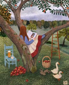 a painting of a woman sitting in a tree reading a book while two geese stand nearby