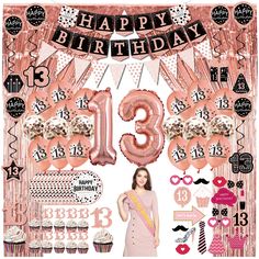 a woman standing in front of a pink and black birthday backdrop with the number sixteen on it