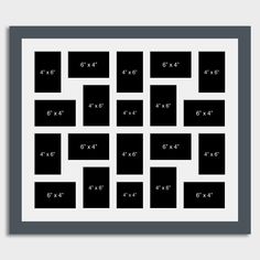 a black and white photo frame with six square frames on it, all in different sizes