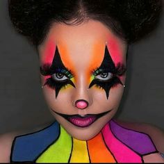 Colorful Clown Makeup Halloween, Crazy Clown Makeup, Neon Clown Makeup, Clown Face Painting, Colorful Clown Makeup, Clown Makeup Looks, Maleficent Makeup, Halloween Makeup Clown, Clown Suit