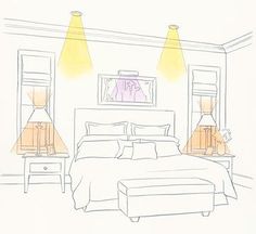 a drawing of a bedroom with three lamps