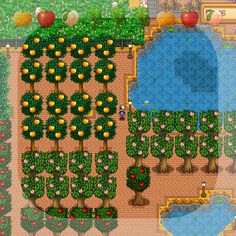 an aerial view of a garden with lots of trees and flowers on it, including oranges