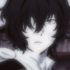 an anime character with black hair and white shirt in front of a dark colored background