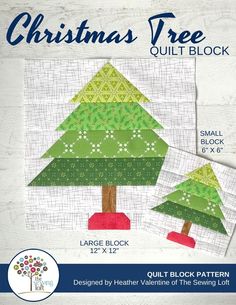 the christmas tree quilt block pattern is shown in green and red, with two trees on each