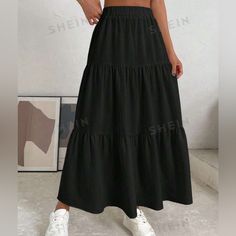 - Perfect Condition - Never Worn - Open To Offers :) Flowy Black Skirt, Maxi Tiered Skirt, Skirts Shein, Shein Skirts, Skirt With Elastic Waistband, Women Skirts, Black Maxi, Tier Skirt, Tiered Skirt