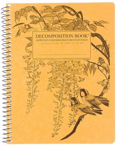 a yellow book with two birds perched on it's branches and the words decompostion book written below