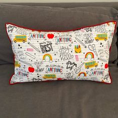 a pillow that has writing on it