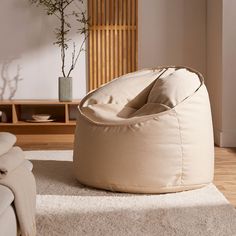 a bean bag chair sitting on top of a white rug in a living room next to a plant