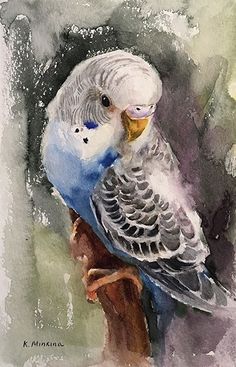 a watercolor painting of a blue and white bird on a branch with green background