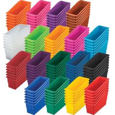 stacking bins with different colors and sizes on each side, all stacked together