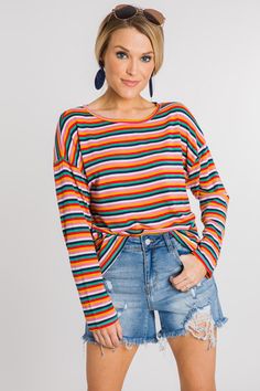 Rainbow Rows Top :: NEW ARRIVALS :: The Blue Door Boutique Spring Knit Tops With Horizontal Stripes, Casual Multicolor Tops With Striped Sleeves, Trendy Striped Knit Tops, Knit Long Sleeve Tops With Striped Hem, Multicolor Horizontal Stripe Tops For Spring, Multicolor Knit Casual Tops, Casual Multicolor Knit Tops, Casual Striped Cotton Knit Top, Casual Multicolor Crew Neck Knit Top