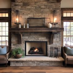 a living room with a fire place and couches