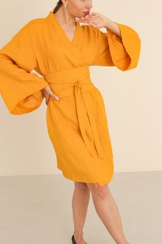 "Linen wrap dress, kimono dress, linen kimono dress, linen dress, mini linen dress, kimono wrap dress, casual linen dress, kimono sleeves dress, obi belt dress, French linen dress, Simple linen dress, beach linen dress, Loose linen dress, summer linen dress, linen clothing MORE: https://www.etsy.com/shop/Linenburo?ref=seller-platform-mcnav Women's Linen kimono dress with pockets and traditional wrap belt. The belt fixes the waist well, and the pockets are made for your comfort and convenience. L Chic Summer Kimono With Belt, Belted Long Sleeve Summer Kimono, Chic Belted Summer Kimono, Summer Long Sleeve Belted Kimono, Chic Summer Belted Kimono, Summer Kimono With Belted Kimono Sleeves, Summer Kimono With Belted Waist And Kimono Sleeves, Belted Kimono For Beach, Elegant Linen Kimono For Summer