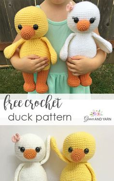 two crocheted stuffed animals are shown with the text, free crochet duck pattern