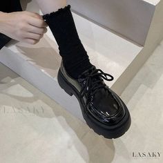 Lasaky - Luxurious Leather Black Low Heel Shoes with Belt and Laces Spring Loafers, Style Loafers, Black Heels Low, Black Platform Heels, Womens Mary Janes, Estilo Preppy, Low Heel Shoes, Platform Loafers, Black Leather Shoes