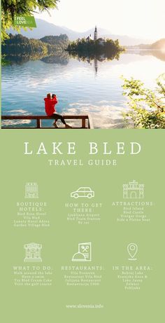 the lake bed travel guide is shown in green and white, with an image of a person sitting on a bench