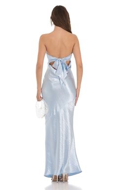 Strapless Satin Open Back Maxi Dress in Light Blue | LUCY IN THE SKY Silk Dress Blue Long, Sky Blue Winter Formal Dress, Silk Light Blue Formal Dress, Ice Blue Dress Party, Light Blue Satin Mermaid Dress, Light Blue Satin Dress Wedding, Light Blue Bridesmaid Dresses Long, Royal Blue Long Dress, Light Blue Bridesmaid Dresses