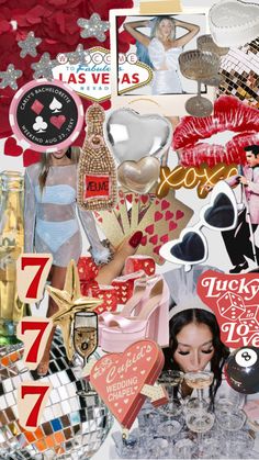 a collage with many different items on it including hearts, hats and other things