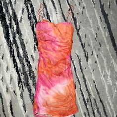 Tie Dye Pink/Red/Orange Dress Sexy Going Out Dress Xs Orange Flirty Dress With Spaghetti Straps, Orange Mini Dress With Spaghetti Straps For Vacation, Orange Spaghetti Strap Mini Dress For Vacation, Flirty Orange Dress With Spaghetti Straps, Trendy Orange Bodycon Dress For Summer, Trendy Orange Summer Bodycon Dress, Trendy Orange Bodycon Summer Dress, Flirty Orange Dresses With Spaghetti Straps, Flirty Orange Spaghetti Strap Dress