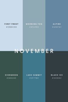 the words november are shown in different colors and font styles, including blue, green, black