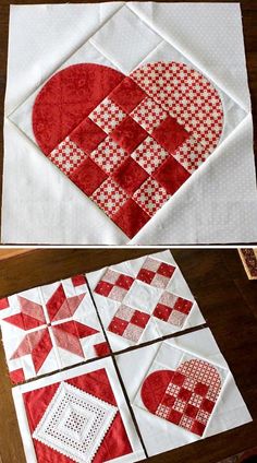 two pictures of red and white quilts with hearts on the top, one in the middle