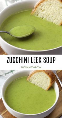 two pictures of soup with bread in it and the same photo showing how to make zucchini leek soup