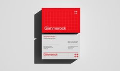 a red and white business card with the word glimmerock written on it