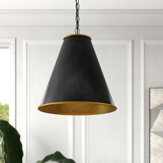 a black and gold pendant light hanging from a ceiling in a room with white walls