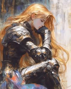 a painting of a woman in armor holding her hand to her face while sitting on the ground