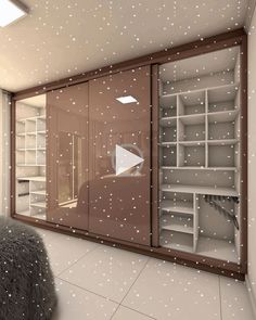 a bedroom with white and brown furniture and snow falling on the floor