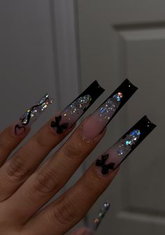 New Years Baddie Nails, Nail Designs Girly, Black Blinged Out Nails, Black Birthday Nails Acrylic, Baddie Black Nails, Baddie Long Acrylic Nails, Baddie French Tip Nails, Black Baddie Nails, Long Baddie Nails