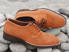 Latest Handmade Men's Orange Color Suede Wing Tip Lace Up Shoes, Men Designer Dress Formal Luxury Shoes  Shoes Detail  Upper: High Quality Suede Inner: soft leather  Sole:Leather Gender:Male Heel:Leather Totally Hand stitched Manufacturing time 7-10 business days If you can’t find your Size/Color just send us message we will make for you.  Measurement Size. (required measurement for better fit) We can custom make these Boots in ALL sizes; The standard measurements are given in SIZE CHART IMAGE. Tan Shoes Men, Cap Toe Shoes, Slipon Shoes, Wingtip Shoes, Brogues Men, Handmade Leather Shoes, Oxford Shoes Men, Leather Lace Up Boots, Formal Shoes For Men