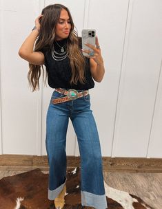 Saddle up in style with our Blue Dream Baby Denim Cuffed jeans (1001). These beautifully crafted jeans feature a classic cowgirl look with a modern twist. The denim is soft and comfortable, perfect for adventurous little ones. These cuffed jeans will make you stand out. HIGH RISE CUFFED WIDE JEANS - Rise 10 3/4" | Inseam 27/5" Fit: Model sized down one size, we suggest sizing down Western Outfits Women Fall, Thanks Giving Outfits, Sweater Knit Pattern, Western Sweater, Classic Cowgirl, Sweater Vest Black, Cableknit Sweater, Cowgirl Look, Western Outfits Women