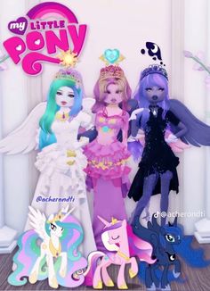 three little pony dolls standing next to each other in front of a sign that says my little pony