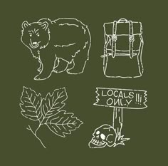 various hand drawn items including a bear, backpack and skull on a green background with the words local only written in white