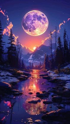 an image of a full moon setting over a mountain stream with trees and rocks in the foreground