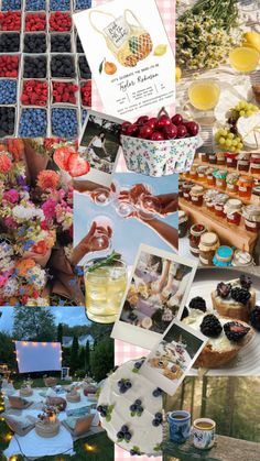 a collage of photos with food and drinks on it including cakes, desserts, fruit