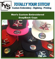 "Snapback Caps w/ Your Company Logo or Text Embroidered.  No Setup Fee! Just upload your Design or Logo (logo will be digitized exactly as it looks) or text and pick your colors We will assist you with the entire process to make sure the outcome is what you desired. We guarantee your satisfaction! Description:  Acrylic/Wool blend, Flat Visor (One size fits all), Adjustable Plastic Snap Back Closure Fabric: 83% acrylic, 15% wool, 4% spandex Features: 6-panel, structured, high-profile plastic snapback closure 3¾\" crown Sizes: One Size Embroidery:  Snapback includes Your Text or Design/Logo embroidered onto 1 or choose 3 hats.   To Order:  Choose 1 or 3 hats.  1.  Choose a color from the list, Choose either Text Lettering Only, or Digitized Logo Text Lettering only (up to 2 lines): Enter you Snapback Caps, Logo Text, Snap Back, Snap Backs, Snapback Cap, Logo Embroidered, Trucker Cap, One Size Fits All, Wool Blend