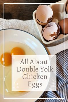 an egg is in a bowl next to some eggs on a plate with the words, all about double yolk chicken eggs