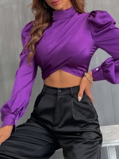 Violet Purple Elegant Collar Long Sleeve Satin Plain Top Embellished Non-Stretch  Women Clothing Full Frock Designs, Satin Crop Top Outfits, Purple Blouse Outfit, Turtle Neck Outfit Women, Crop Top Elegante, Purple Top Outfit, Purple Fashion Outfit, Mode Purple, Berry Punch