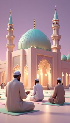 three men sitting on the ground in front of a mosque