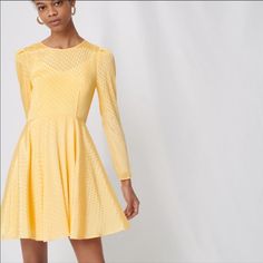 Very Cute Yellow Long Sleeve Dress. Brand New With Tags. Size 36 (Small). Material: 100% Polyester; Lining: 100% Viscose. Fitted A-line Jacquard Mini Dress, Spring Jacquard Midi Party Dress, Spring Party Jacquard Midi Dress, Spring Evening Jacquard Midi Dress, Feminine Jacquard Summer Dress, Feminine Jacquard Evening Dresses, Long Sleeve Jacquard Evening Dresses, Spring Jacquard Mini Dress For Cocktail, Spring Cocktail Mini Dress In Jacquard