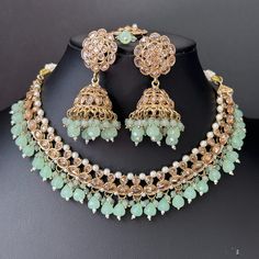 Mint Antique Polki Kundan necklace set/Reverse Ad Necklace/Statement necklace/Indian/Punjabi Necklace/Pakistani Jewelry/Bridal necklace/ Antique Reverse Ad Stone Necklace With Mehndi Plating Regular Size And Adjustable Stone Necklace Antique Necklace Set with dull gold finish  This is 100% Handmade jewelry. So Color, shades, texture displayed may slightly vary from the actual product due to digital image limitations. We request you to consider these minor variations. Please expect the possibilit Bollywood Necklace With Latkans For Eid, Bollywood Style Necklace With Latkans For Eid, Chandbali Necklaces For Eid Party, Round Bollywood Necklace For Eid, Bollywood Style Round Necklace For Eid, Eid Party Chandbali Necklaces, Heavy Green Necklace For Eid, Pakistani Jewelry Bridal, Punjabi Necklace