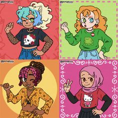 four cartoon girls with different hair styles