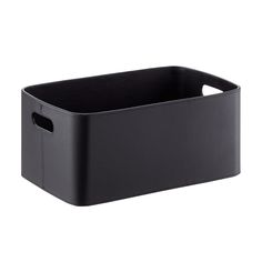 a black plastic storage container with handles on the sides and bottom, sitting against a white background