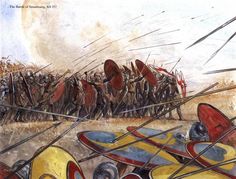 a painting of men in armor with spears and shields