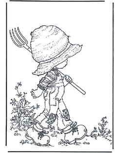 a black and white drawing of a boy with a hat on walking in the grass